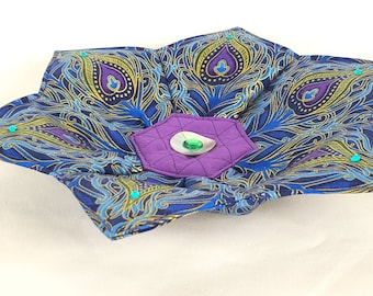 3-D Sculpted Peacock Feathers Blue & Purple Flower Plate Emerald Gem Embellished Lotus Trinket Dish