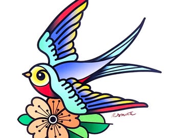 Tattoo Inspired Swallow and Flower Print / Traditional Tattoo Art