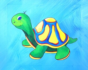 Original Acrylic on Canvas, Turtle Painting 11 x 14, Whimsical Kids Art, Nursery Decor, Child Room Sky Blue Wall Art