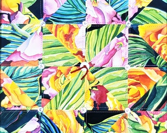 Original watercolor collage, Garden decor, Pinwheels Quilt block, Cottage Art, Rose Flower Painting