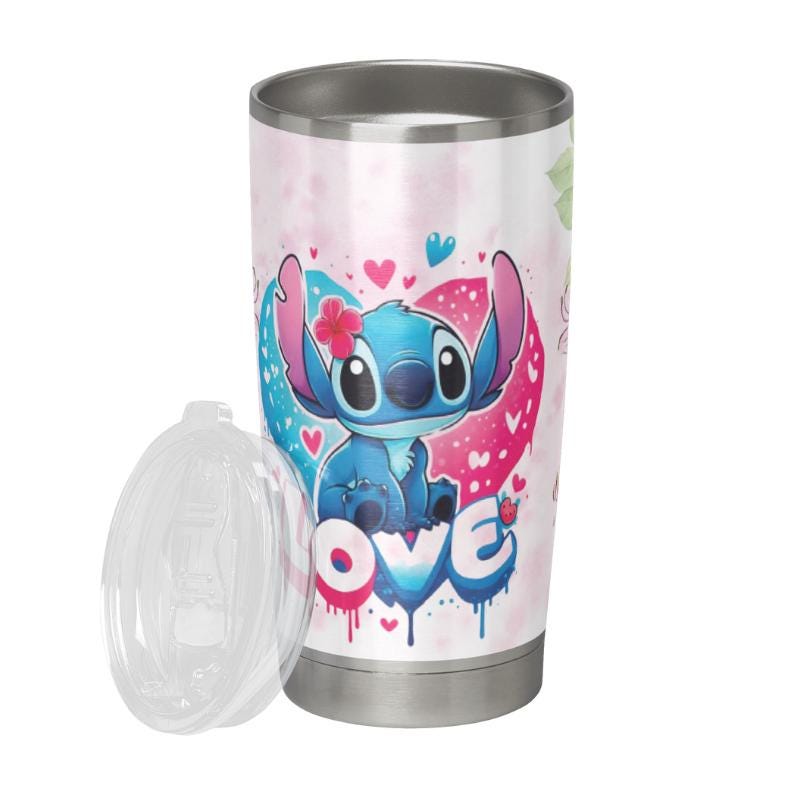 May include: A stainless steel tumbler with a pink, white and blue design featuring Stitch from Lilo & Stitch. The design includes hearts, flowers, and the word "LOVE". The tumbler has a clear lid.