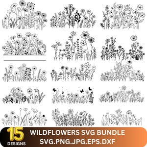 May include: A set of 15 black and white vector illustrations of wildflowers. The illustrations are in a simple, hand-drawn style and feature a variety of different flowers and leaves. The illustrations are perfect for use in digital projects, such as website design, social media graphics, and printable art.
