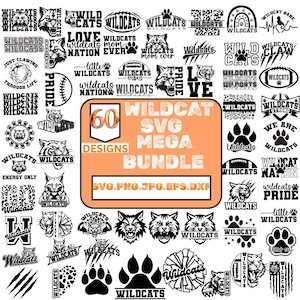 May include: A collection of 60 wildcat-themed SVG designs in black and white. The designs include wildcat faces, paw prints, text, and sports-related graphics. The text includes "Wildcats", "Pride", and "Nation".