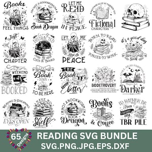 Pacchetto di 65 disegni SVG per libri da leggere, design teschio sarcastico, libri floreali, amante dei libri, pila di libri, disegni Cricut Bookish