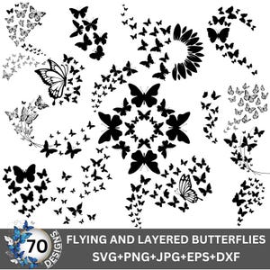 Papillons volants Svg, dessin au trait silhouette, papillon croquis svg, Svg en couches, décorations d'anniversaire, découpé pour Cricut