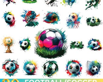 Paquete de imágenes prediseñadas de fútbol en acuarela: 30 diseños PNG (descarga digital)