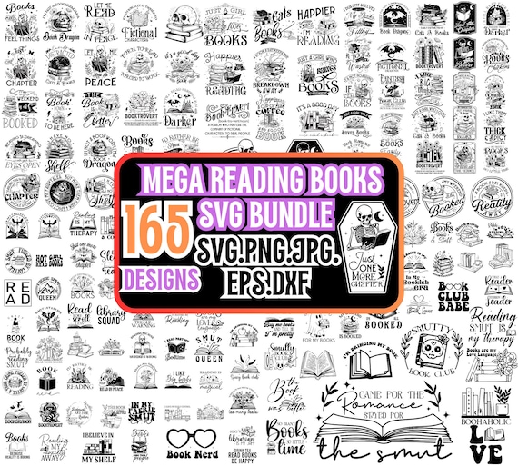 Reading SVG Bundle: 165 designs including floral books, book lover, Snarki Skull, book dragon, Basgiath War, and black cats.