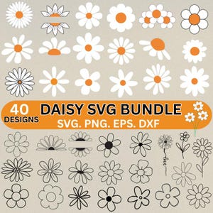 May include: A collection of 40 daisy designs in various styles. The daisies feature white petals and orange centres, with some outlined in black. The text "40 DESIGNS DAISY SVG BUNDLE" is displayed in orange.