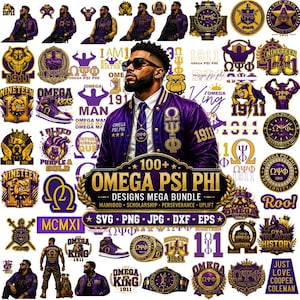 Könnte beinhalten: Eine digitale Sammlung von Grafikdesigns der Omega Psi Phi Verbindung mit violetten und goldenen Logos, Emblemen, Bulldoggen-Illustrationen, Turnschuhen und Texten wie 1911, Omega Psi Phi und Omega Psi Phi Designs Mega Bundle SVG PNG JPG DXF EPS.
