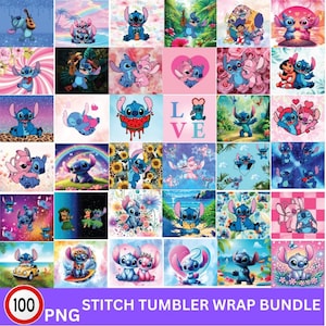 May include: A set of 100 digital designs featuring Stitch from Lilo & Stitch. The designs are colourful and feature Stitch in various poses and settings. The designs are perfect for creating custom tumblers, mugs, and other personalised items.