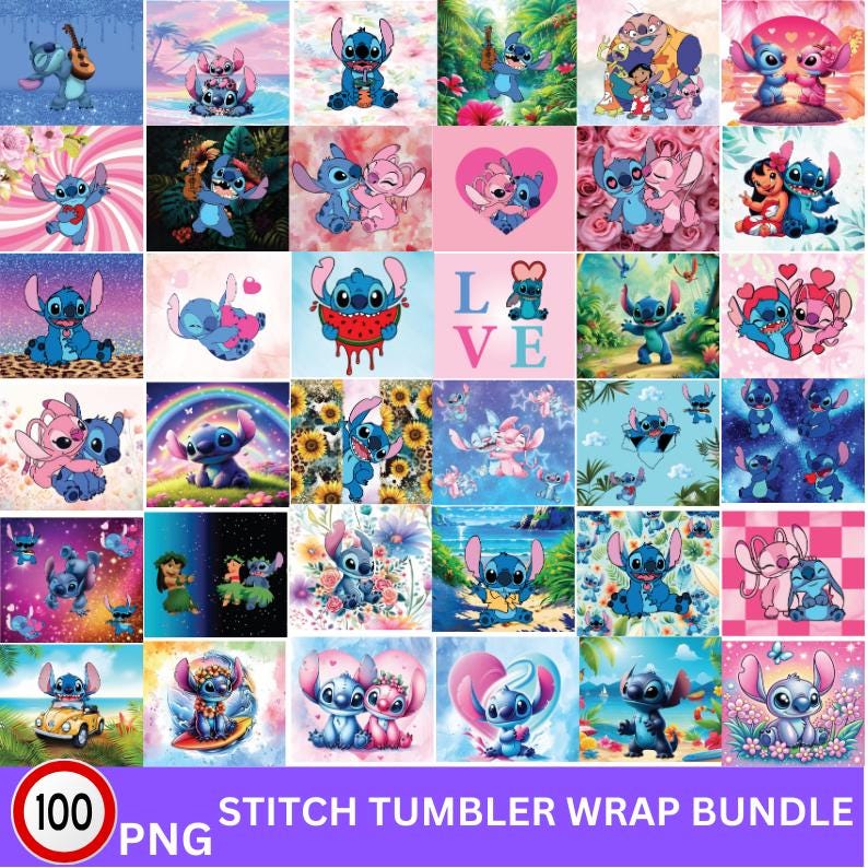 May include: A set of 100 digital designs featuring Stitch from Lilo & Stitch. The designs are colourful and feature Stitch in various poses and settings. The designs are perfect for creating custom tumblers, mugs, and other personalised items.