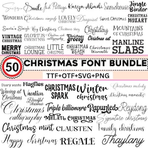 Op de afbeelding: Een afbeelding met een verzameling kerstlettertypen in verschillende stijlen. De tekst bevat zinnen als "Vrolijk Kerstfeest", "Winter" en "Gelukkig Kerstfeest". De afbeelding benadrukt ook een "50 Christmas Font Bundle".