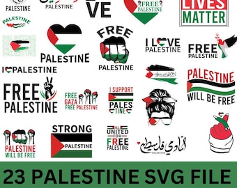 May include: A collection of 23 digital design files featuring various slogans and images related to Palestine. The designs include phrases like "Free Palestine", "Palestinian Lives Matter", and "Palestine Will Be Free". The designs are in black, white, green, and red.