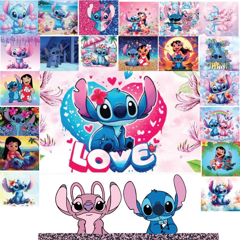 May include: A collage of images featuring Stitch, a blue alien character from the Disney movie Lilo & Stitch. The images show Stitch in various poses and settings, including a heart-shaped design with the word "LOVE" written in pink and blue letters.