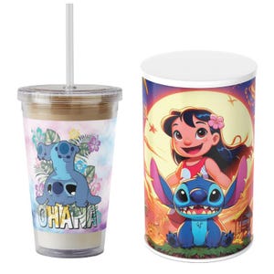 May include: A set of two clear plastic cups with lids and straws. The cup on the left features a blue Stitch character with the word "Ohana" printed on it. The cup on the right has a colourful image of Lilo and Stitch against a sunset backdrop.
