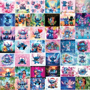 May include: A collage of 36 colourful images featuring Stitch, a blue alien character from the Disney movie Lilo & Stitch. The images depict Stitch in various poses and settings, including with his friends, in nature, and celebrating holidays. The images are all bright and cheerful, and they would be perfect for fans of the movie.