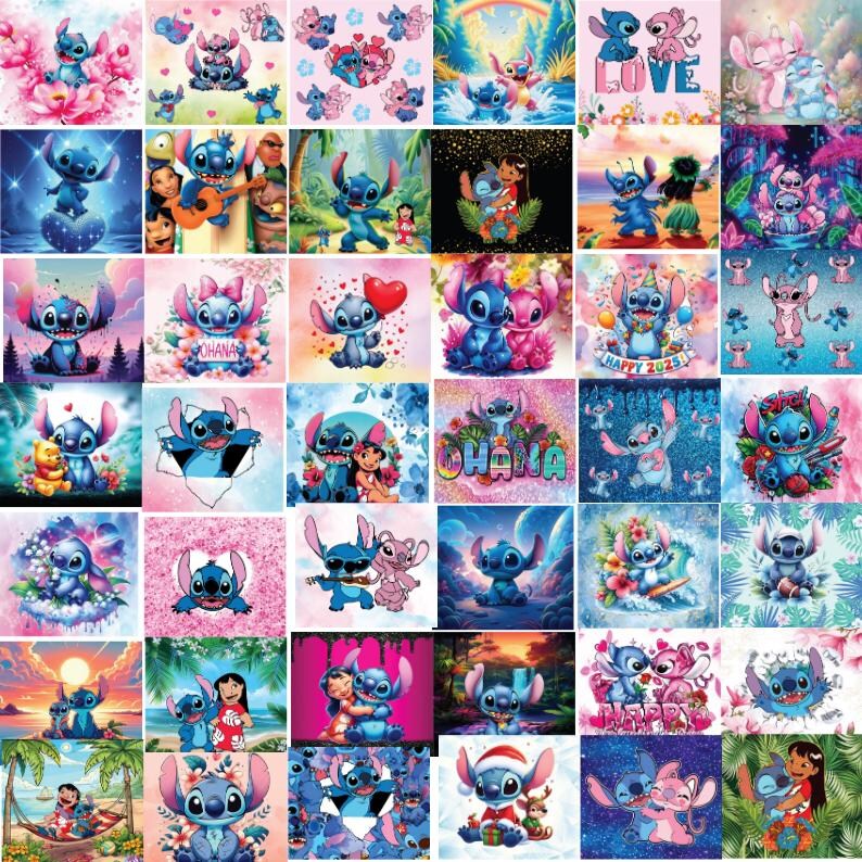 May include: A collage of 36 colourful images featuring Stitch, a blue alien character from the Disney movie Lilo & Stitch. The images depict Stitch in various poses and settings, including with his friends, in nature, and celebrating holidays. The images are all bright and cheerful, and they would be perfect for fans of the movie.
