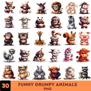 High quality transparent PNG clipart of funny grumpy animals for instant download and  cartoon pet prints and humorous dog printables.