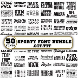 Paquete de fuentes deportivas: fuentes para equipos universitarios, de béisbol, fútbol americano y de camisetas. Compatible con SVG, TTF, OTF y Cricut/Silhouette.