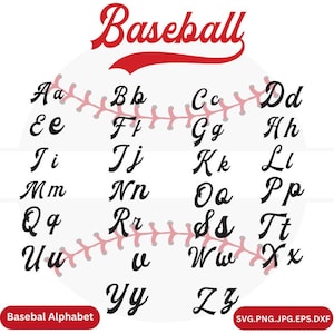 May include: Baseball alphabet with each letter in a stylized font, displayed on a baseball with red stitching. The letters are black and the baseball is white with a pink background. The text "Baseball Alphabet" is at the bottom of the image, and the text "SVG.PNG.JPG.EPS.DXF" is at the bottom right.