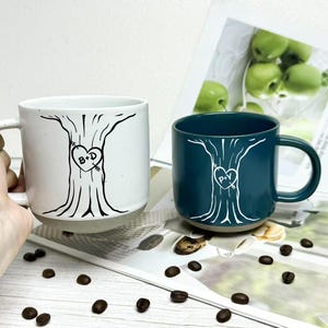 Personalized Heart Tree Couple Mug, Custom Ceramic Mug, Unique Anniversary Pottery Mug Coffee Cup, Funny Wedding Gifts, Bridal Shower Gifts