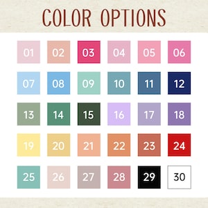 以下が含まれることがあります： 上部に「COLOR OPTIONS」というテキストが入ったカラーチャート。チャートには、それぞれ固有の番号が付いた30個のカラーサンプルが表示されています。色は、ピンク、ブルー、グリーン、パープル、イエロー、オレンジ、レッド、ブラック、ホワイトなどです。