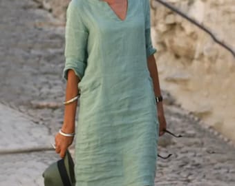 Versatile V-neck Linen Dress Women's Trendy Fashion Casual Loose Fit Cotton Linen Apparel Spring Clothing Mid Sleeve