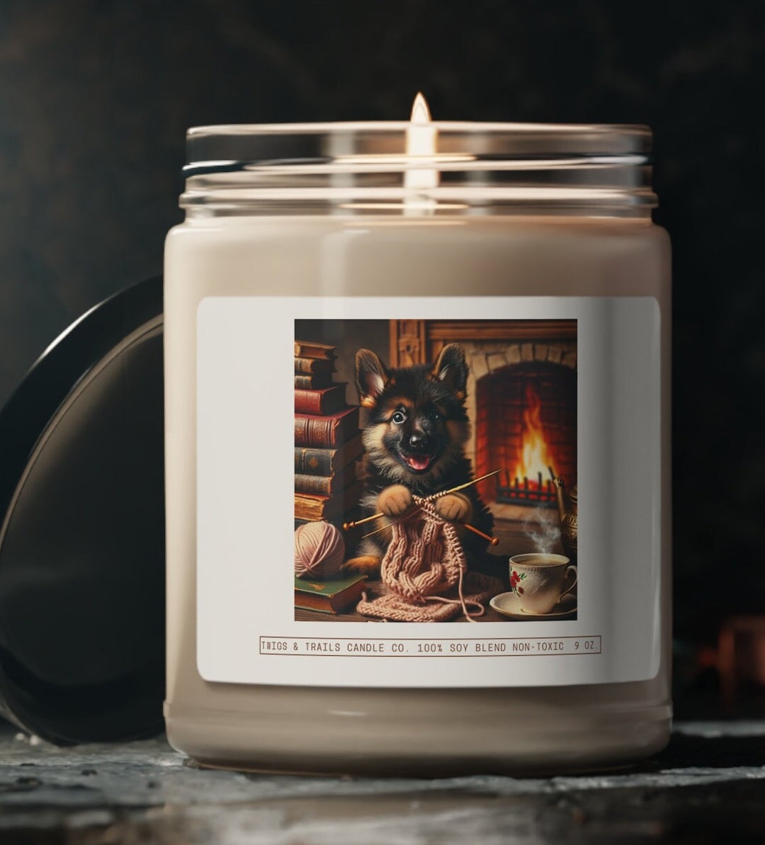 German Shepherd Knitting Scented Soy Candle, 9oz Gift for Dog Lover