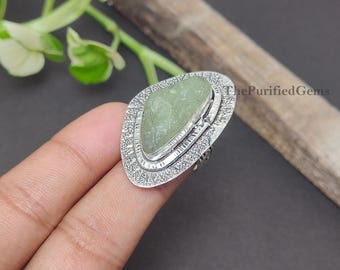 Anello con acquamarina grezza, placcato in argento sterling 925, stile vintage boho