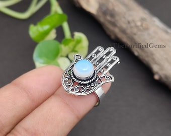 Humsa Milky Opalite Ring~ 925 Sterling Silver Plated Adjustable Antique Ring ~ Healing Jewelry ~ Hippie Style Ring ~Antique Ring ~ Gift Mom