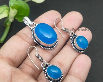 Boho Chalcedon Anhänger Ohrringe Set - 925 Sterling Silber vergoldet - handgemachtes Schmuck Set - Erntedank Geschenk - entzückendes Geschenk - Hippie Set