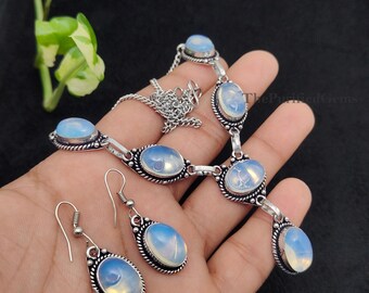 Conjunto de joyería de ópalo lechoso ~ Conjunto de collar y pendientes de plata de ley 925 ~ Conjunto de collar ~ Conjunto apilable ~ Conjunto de collar curativo ~ Conjunto antiguo ~