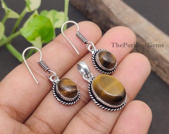 Healing Tiger Eye 925 Sterling Silver Plated Pendant and Earrings Set - Boho Antique Jewelry -Thanksgiving Gift