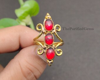 Adjustable Red Garnet Ring, Gold Plated Ring, Lovely Ring, Red Stone Jewelry, Healing Jewelry,Halloween Gift,Vintage Style Ring~