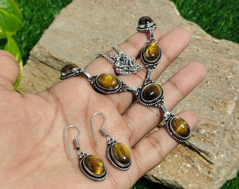 Tiger Eye 925 Sterling Silver Necklace & Earring Set, Boho Antique Jewelry