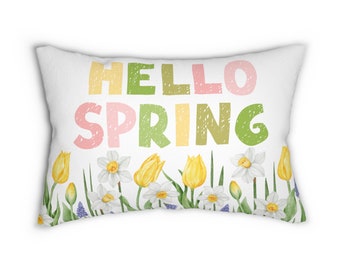 Hello Spring with Tulips Spun Polyester Lumbar Pillow