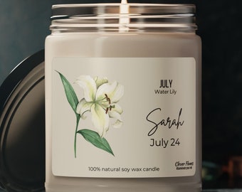 Personalized July Birth Flower Candle: Water Lily Soy Candle Gift