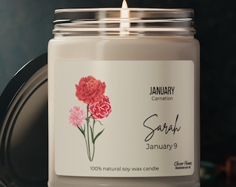 Personalized January Birth Flower Candle: Custom Soy Candle Gift