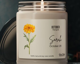 Personalized Marigold Soy Candle: October Birth Flower Gift