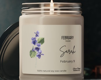 Personalized Violet Soy Candle: February Birth Flower Gift