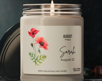 Personalized August Birth Flower Candle: Poppy Scented Soy Candle