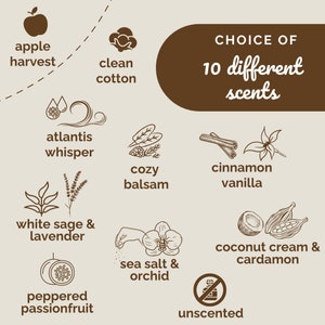 May include: A graphic showing 10 different scents for a product. The scents are: apple harvest, clean cotton, atlantis whisper, cozy balsam, cinnamon vanilla, white sage & lavender, peppered passionfruit, sea salt & orchid, coconut cream & cardamom, and unscented.