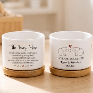 Elephant Ceramic Pot 14th Anniversary Keepsake Gift, 14 Years Anniversary Pot, Custom Elephant Pot, Personalised Flower Pot Gifts for Couple