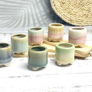 Könnte beinhalten: Eine Sammlung kleiner Keramik-Pflanztöpfe in verschiedenen Pastellfarben, darunter Blau, Grün, Rosa und Gelb. Jeder Topf hat eine zylindrische Form und steht auf drei kleinen, weißen Füßen. Die Töpfe sind auf einer Holzoberfläche angeordnet.