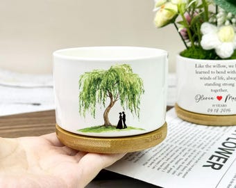 Willow Tree Ceramic Pot Wedding Keepsake Gift, 9 Years Anniversary Pot, Custom Willow Tree Pot Gift, Personalised Flower Pot Gift for Couple