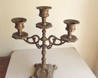 Vintage Ornate Brass 3-Arm Candelabra Rococo Scallop Shell