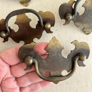 May include: Antique brass drawer pulls with ornate, decorative backplates and curved handles. The pulls have a warm, aged patina, suggesting vintage or reclaimed hardware. The design features a stylized, floral-like shape.