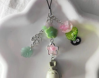 Totoro Keychain, Kawaii Floral Phone Charm, Studio Ghibli Jewelry