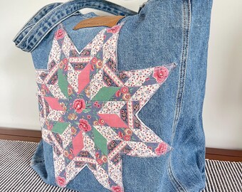 Vintage Denim Tote with Vintage Linens, Quilted Star, Country, Pink and Green