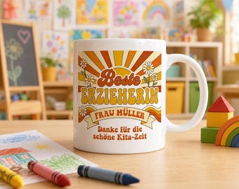 Abschied Erzieherin Tasse Retro | Geschenk Erzieherin personalisiert | Kita Abschied mit Namen | Danke Erzieherin | Retro Tasse